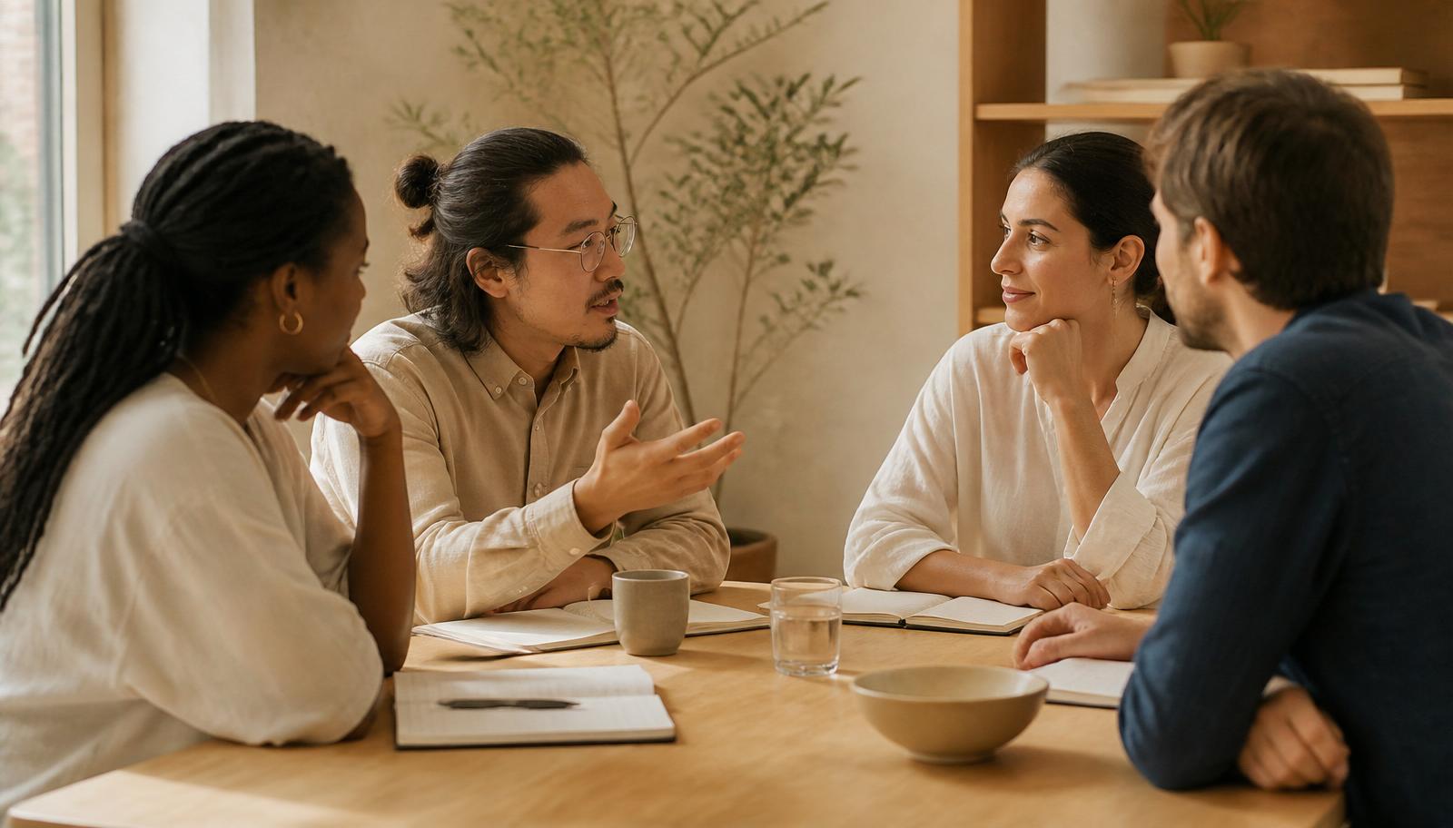 A small group of adults in conversation around a wooden table in warm natural light