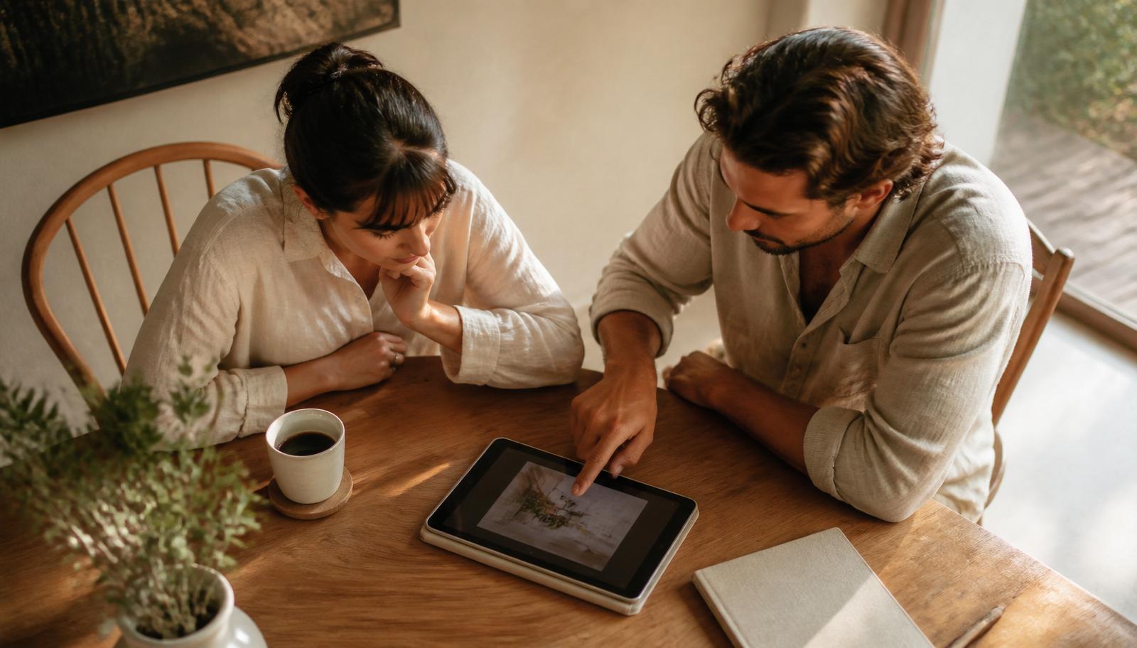 Two people looking at a tablet together in warm natural light